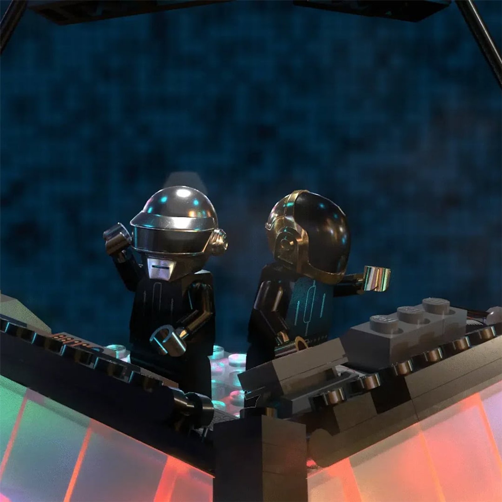Daft Punk minifigures with silver and gold helmets standing at the console on top of the pyramid in LEGO's launch film