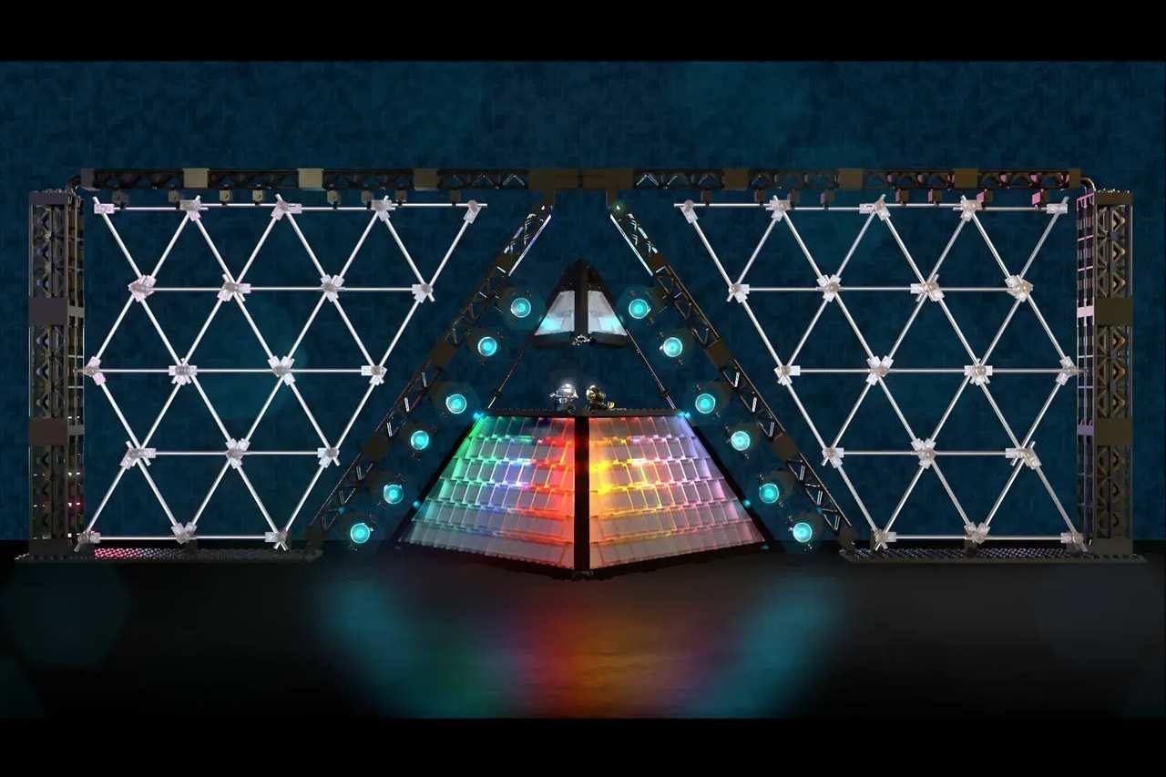RobotRock's fan-built LEGO model of the Daft Punk Alive stage, with the lit pyramid in the center and two minifigures on top