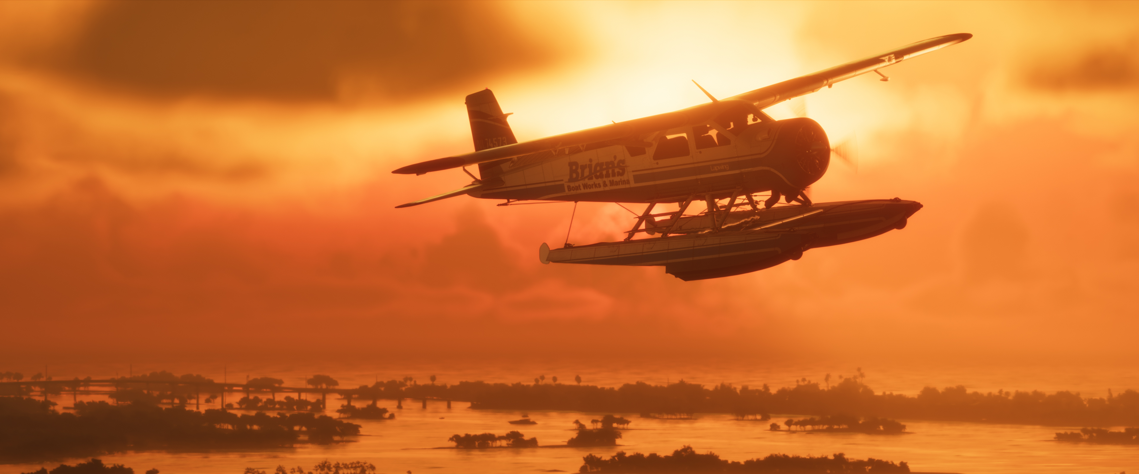 Official GTA 6 screenshot: a floatplane from Brian's Boat Works and Marina flying over the Grassrivers at sunset
