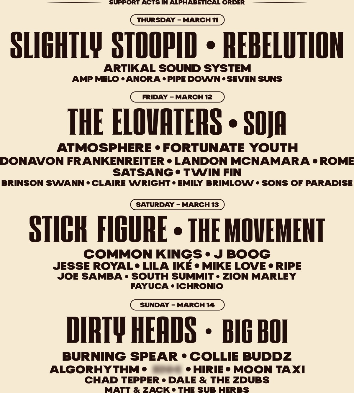 Reggae Rise Up Florida 2027 lineup by day: Thursday Slightly Stoopid and Rebelution, Friday The Elovaters and SOJA, Saturday Stick Figure and The Movement, Sunday Dirty Heads and Big Boi