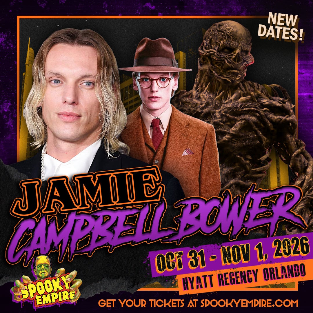 Jamie Campbell Bower and Vecna together on the official Spooky Empire guest graphic