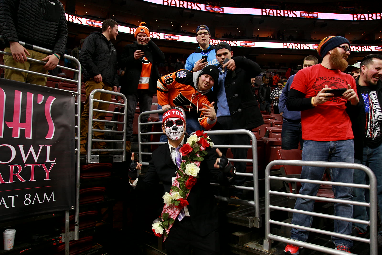 Moe Train in costume greeting fans in the stands at Wing Bowl 25