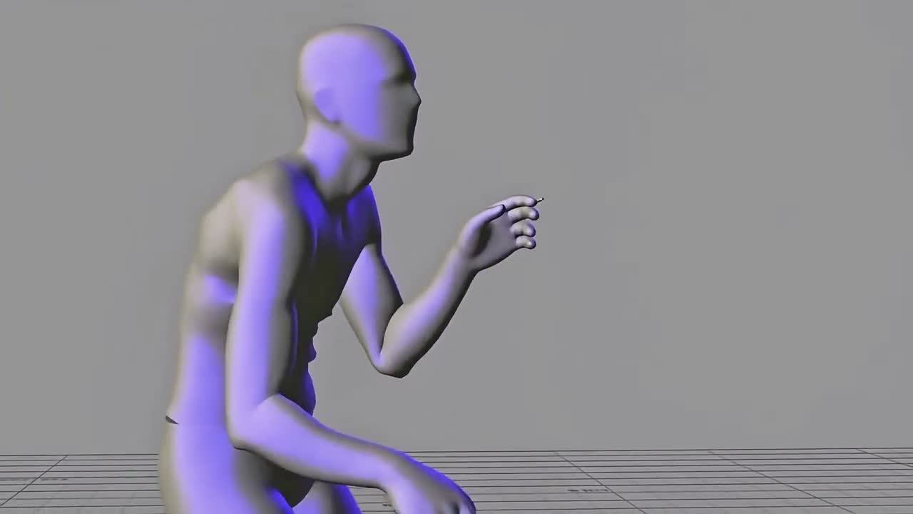 A faceless grey 3D mannequin in side profile against a plain grey background, caught mid dance move with one hand raised